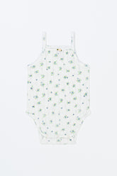 Avauma Summer Picot Sleeveless Bodysuit Blue Garden Mint product shot. White baby romper with blue and green floral print on a clean background.